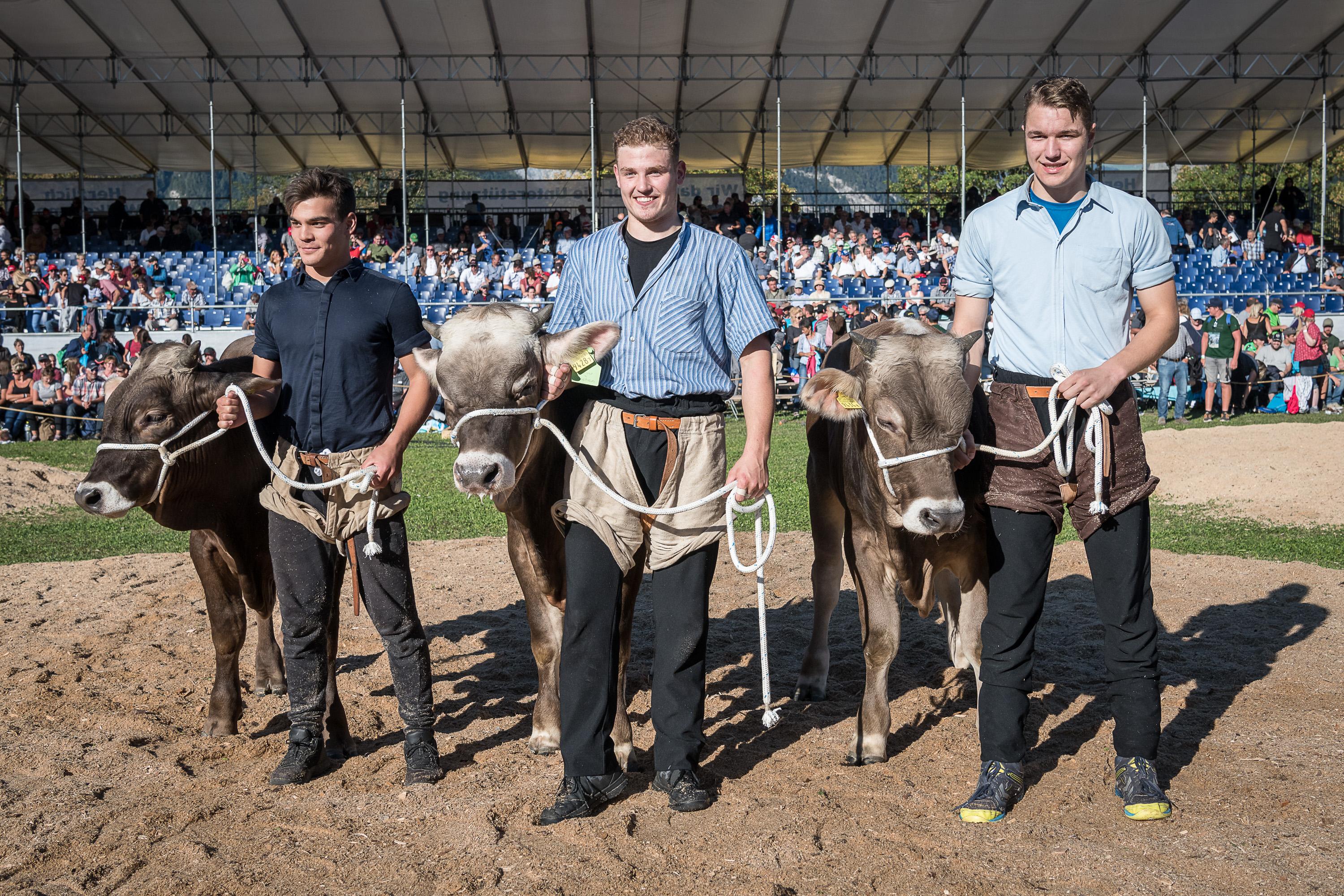 Die Katiegorienssieger des Eidgenössischen Nachwuchsschwingertags 2018 in Landquart (v.l.n.r.): Yanick Bucher, Romain Collaud und Adrian Walther.