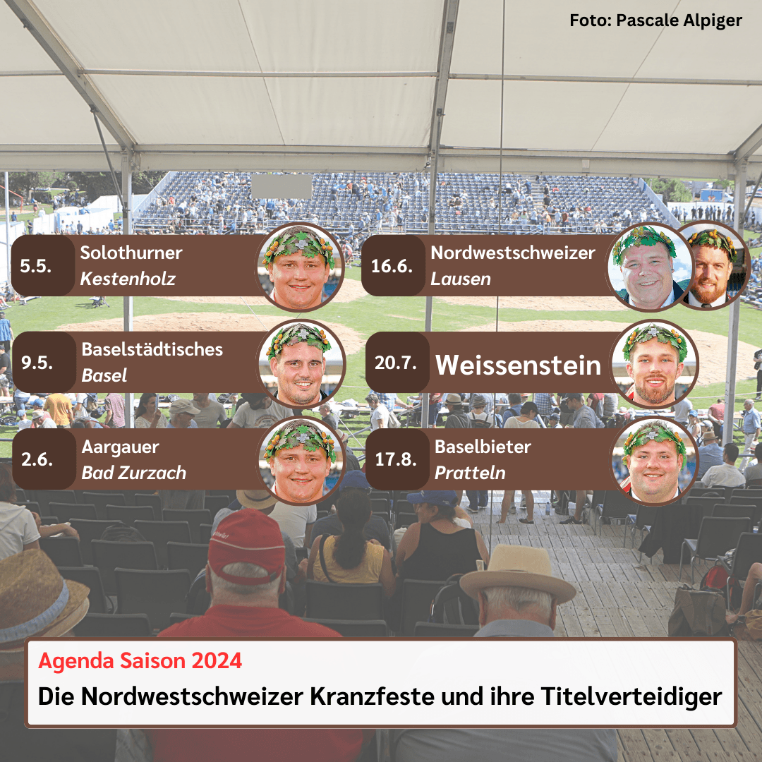 Auf einen Blick: Die Nordwestschweizer Kranzfeste der Saison 2024 und ihre Titelverteidiger.